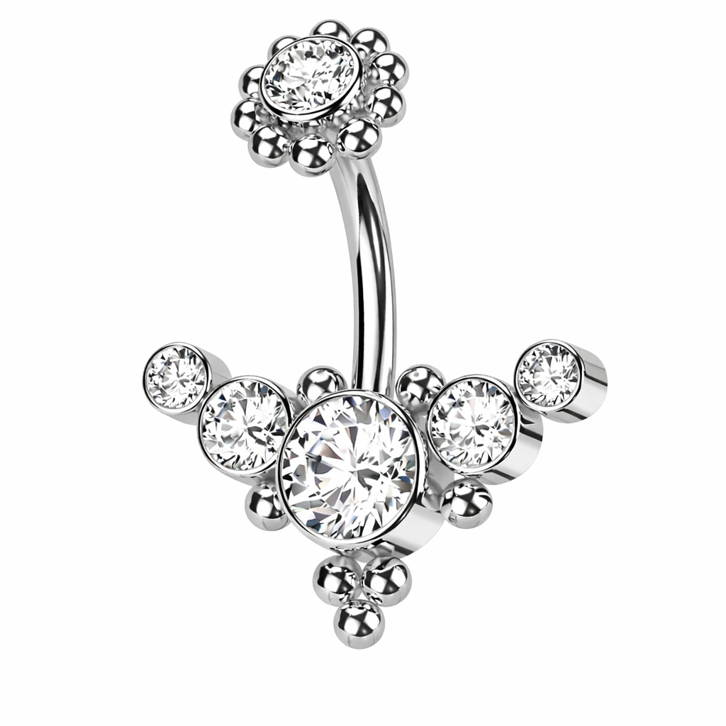 Silbernes Bauchnabelpiercing mit Zirkonia Cluster – Chirurgischer Stahl & Innengewinde 1,6 x 10 mm