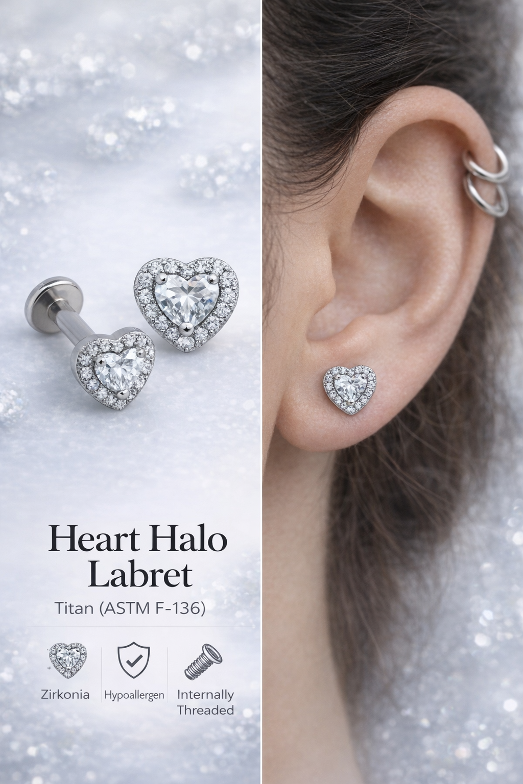 Heart Halo Labret – Titan (ASTM F-136) Helix Conch Tragus Lobe