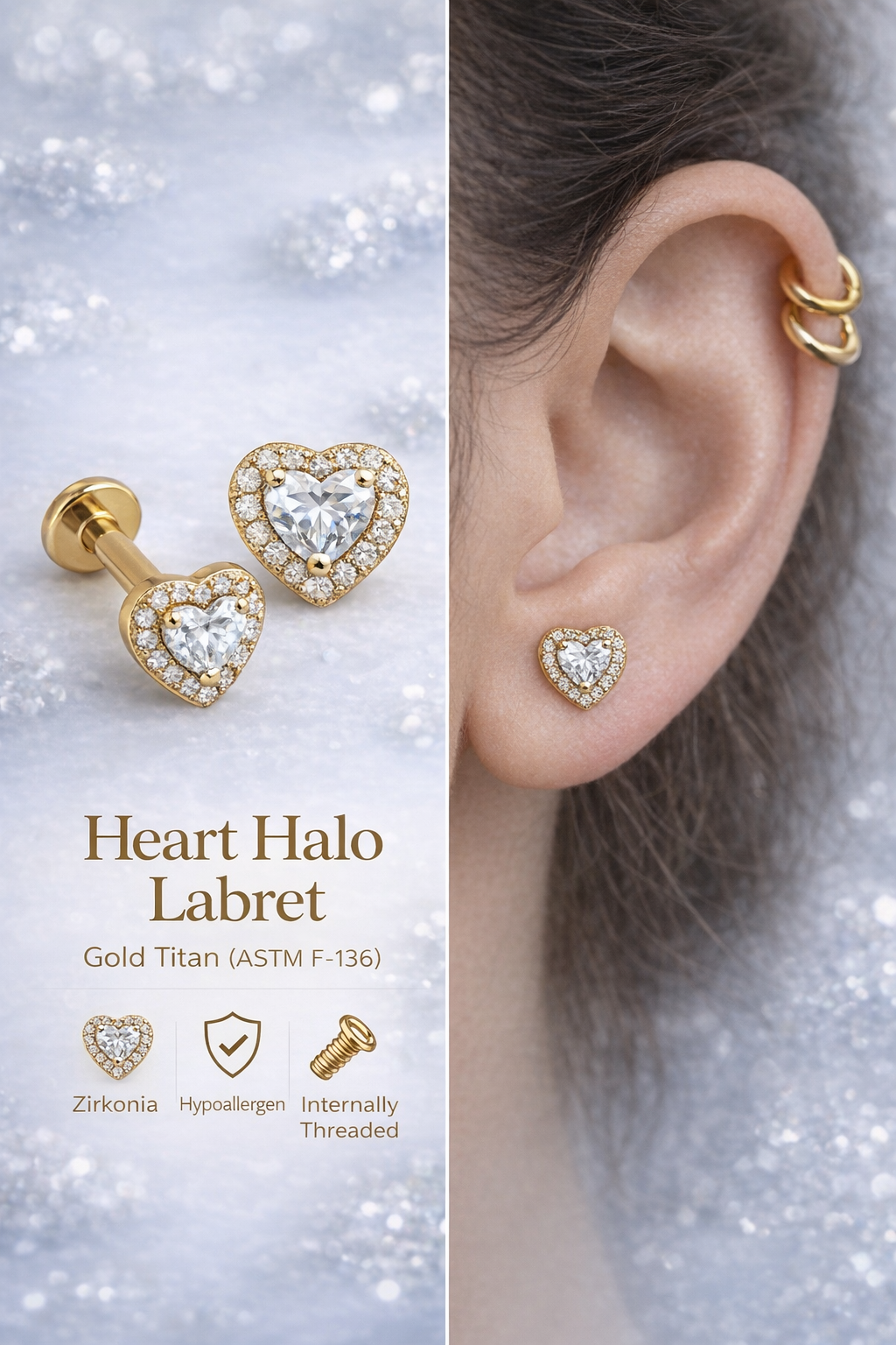 Heart Halo Labret – Titan (ASTM F-136) Helix Conch Tragus Lobe