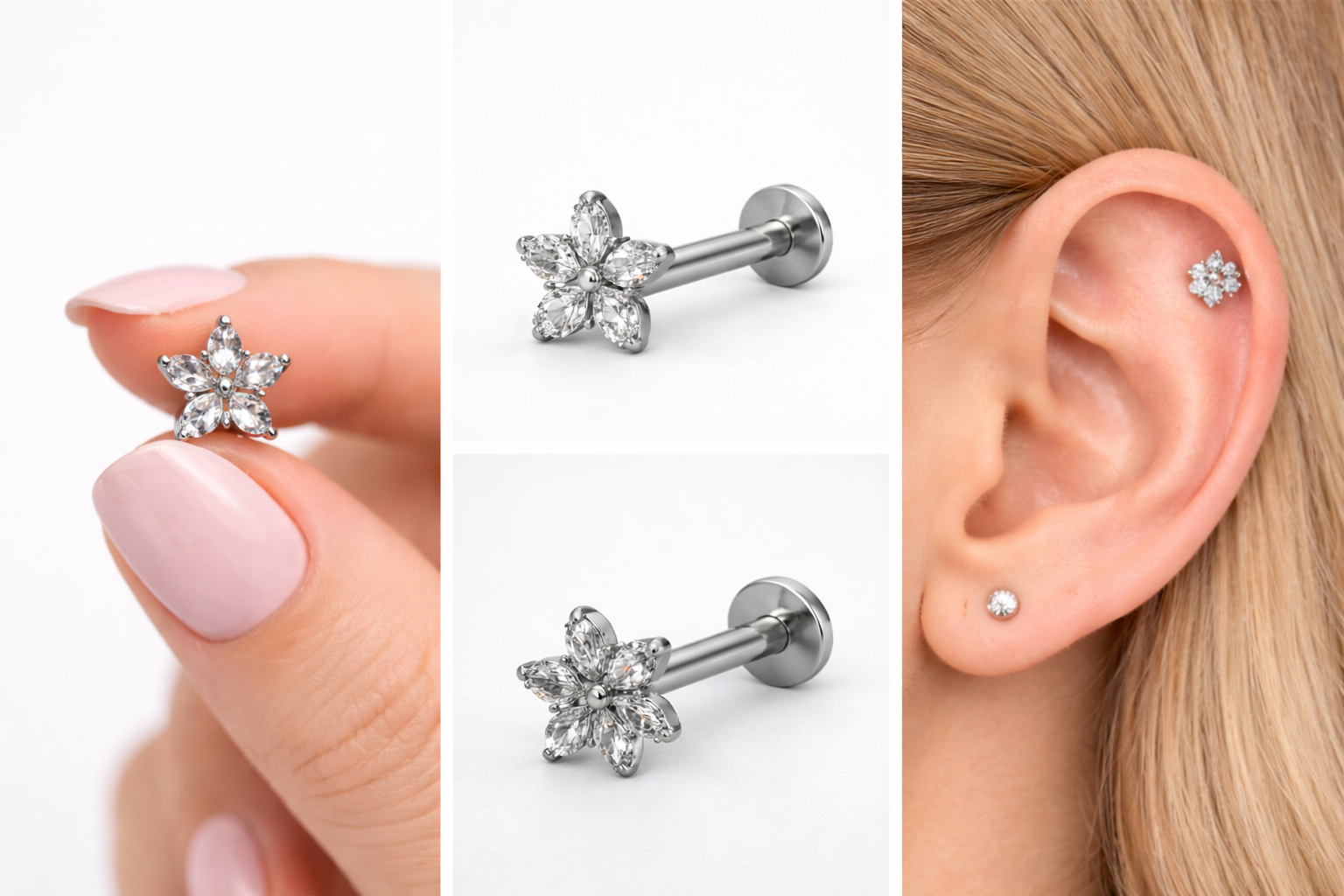 Titanium Labret / Stab 1,2 mm – 6 mm – Blumenmotiv mit Zirkonia