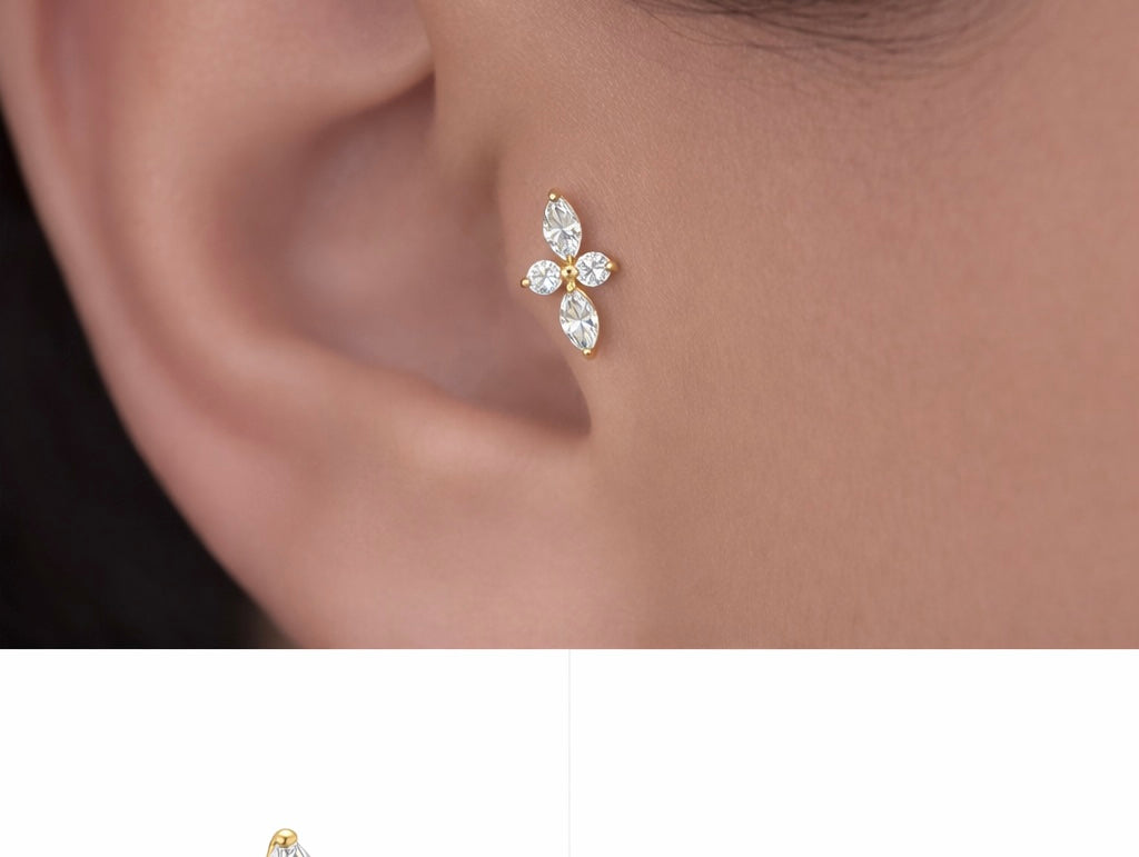 Titan Stecker Blume mit Zirkonia  - Tragus / Helix / Lobe /Conch  0,9+7,5*5mm Aufsatz